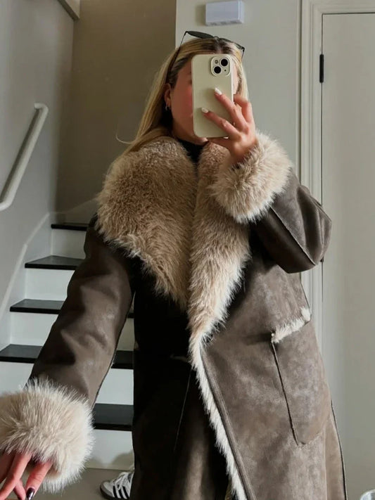 Women's Faux Fur Warm Coat Double-sided Wear Loose Lapel Long Sleeve Single Button Pocket Casual Overcoat Winter Chic Coat