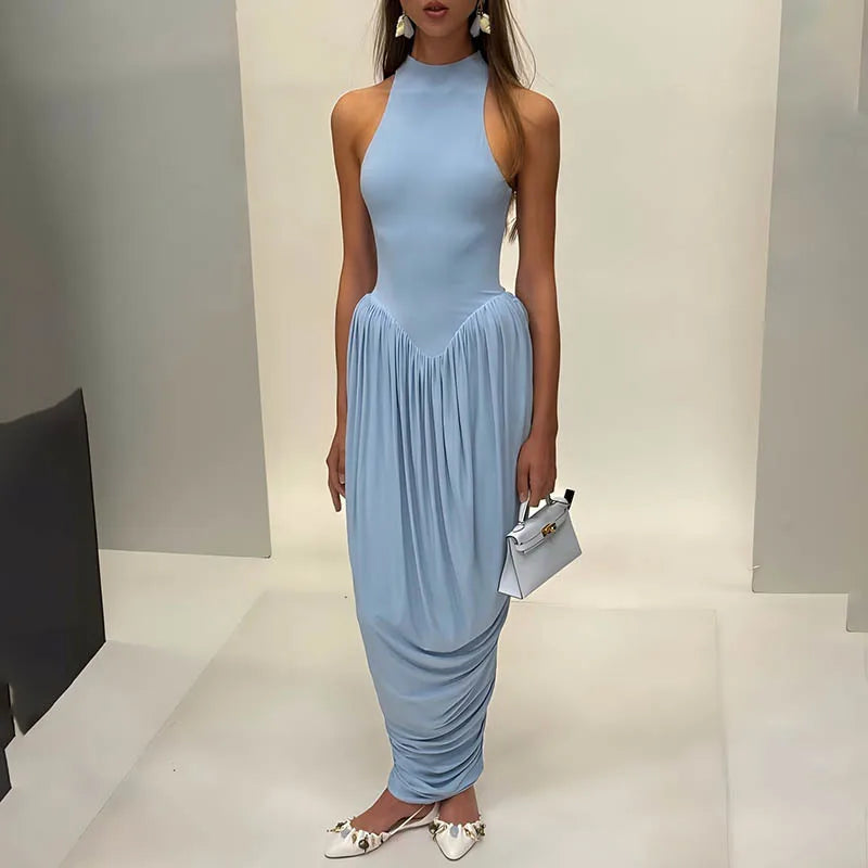 Grace Off-Shoulder Pleated Elegant O Neck Maxi Dress