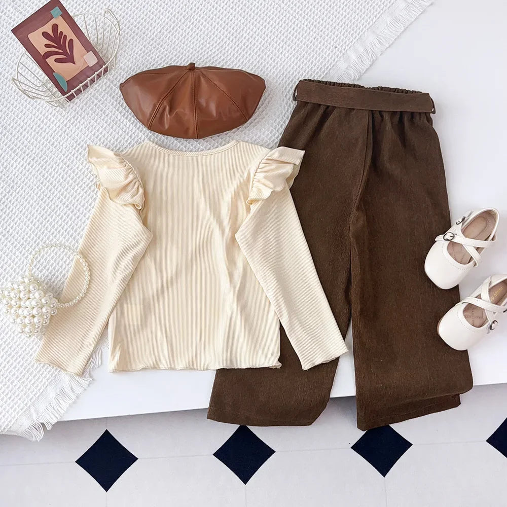 Long Sleeved Round Neck Top+brown Long Pants Children's Two-piece Sets