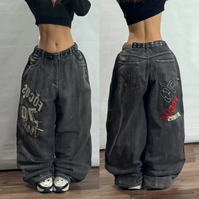 Streetwear Fashion New Letter Graphic Embroidery Baggy Jeans Women Y2K Gothic Harajuku Vintage Popular High Waist Wide Leg Pants