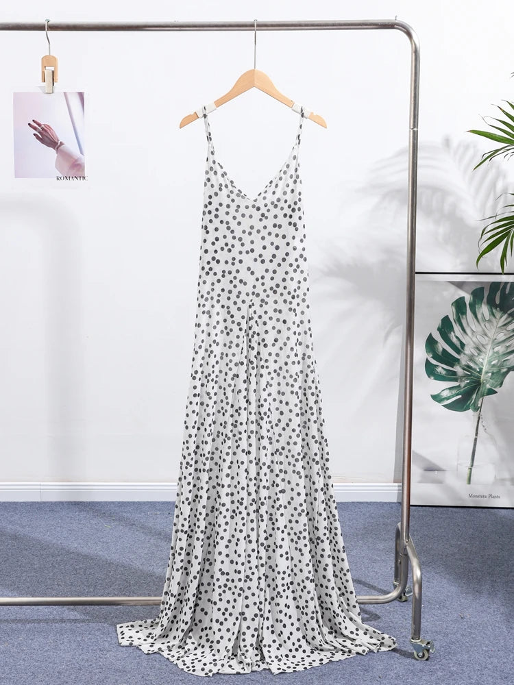 Polka Dot & Black  Sling Dress V Neck Sleeveless Backless Dress