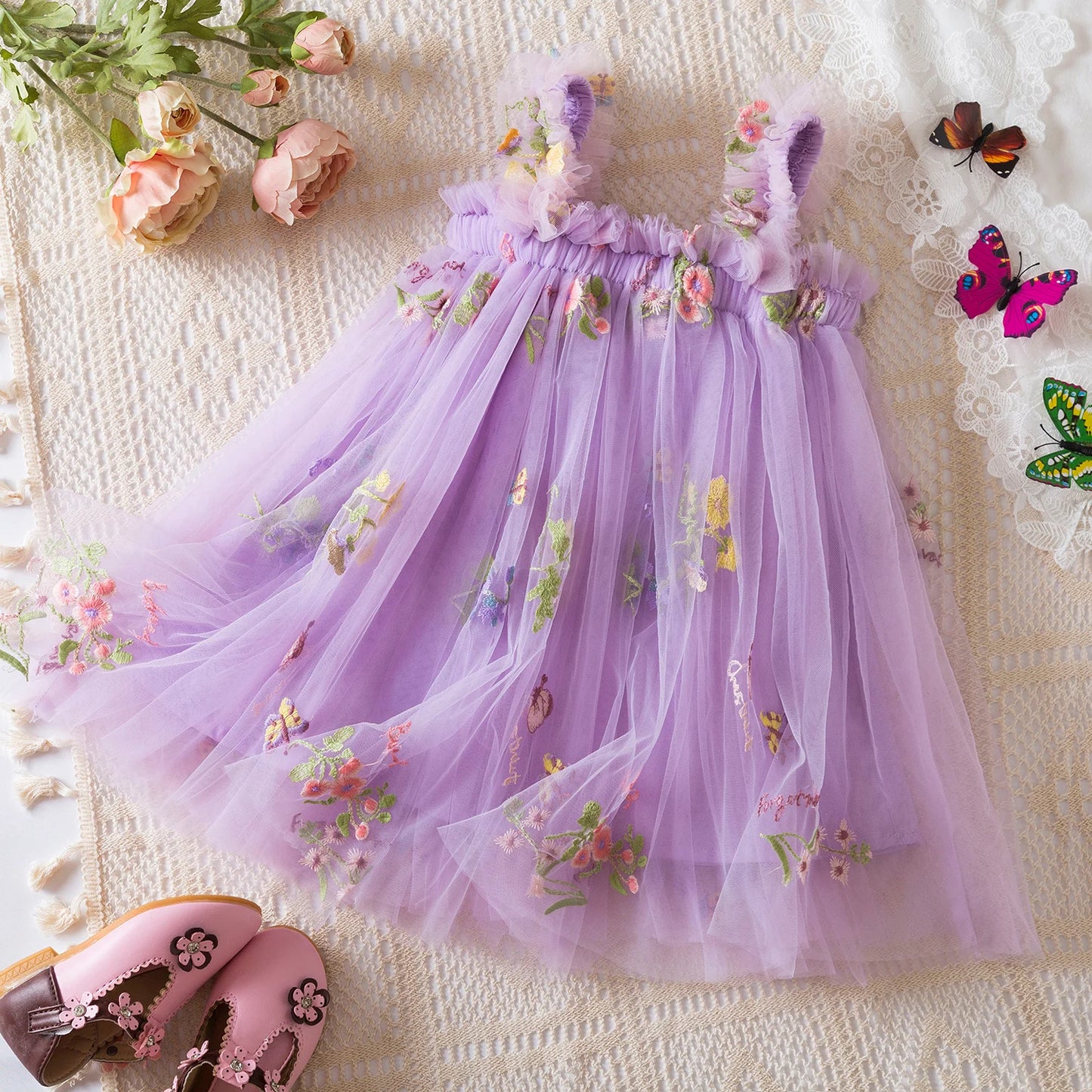 Fashion Dress Holiday Girls Suspender Puffy Mesh Clothes Children Flower Wear Princess Embroidery Tulle Dress