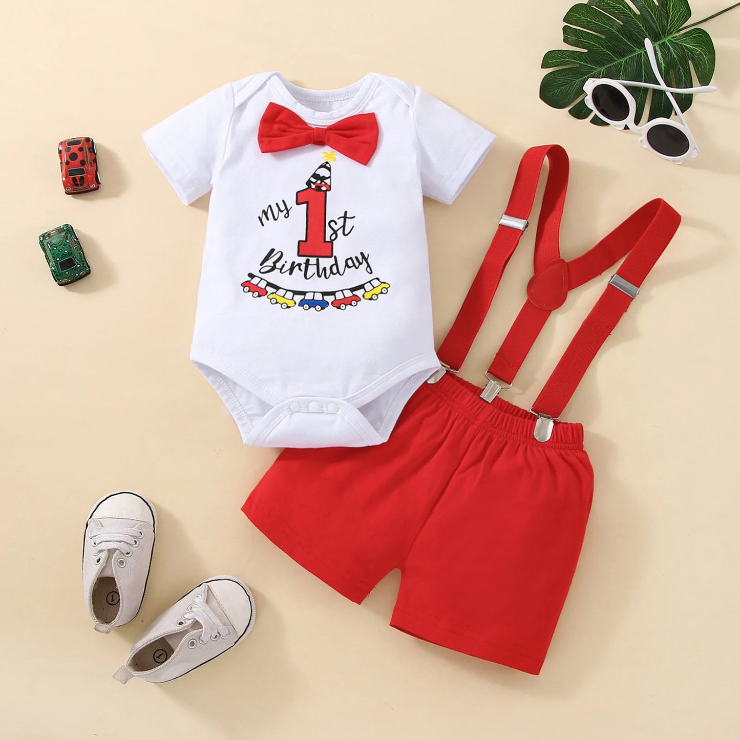 Baby Boys Birthday Outfits Sets Balloon Letter"1" Bodysuit and Y-back Suspender Shorts 1 Year Birthday Baby Cake Smash Clothes