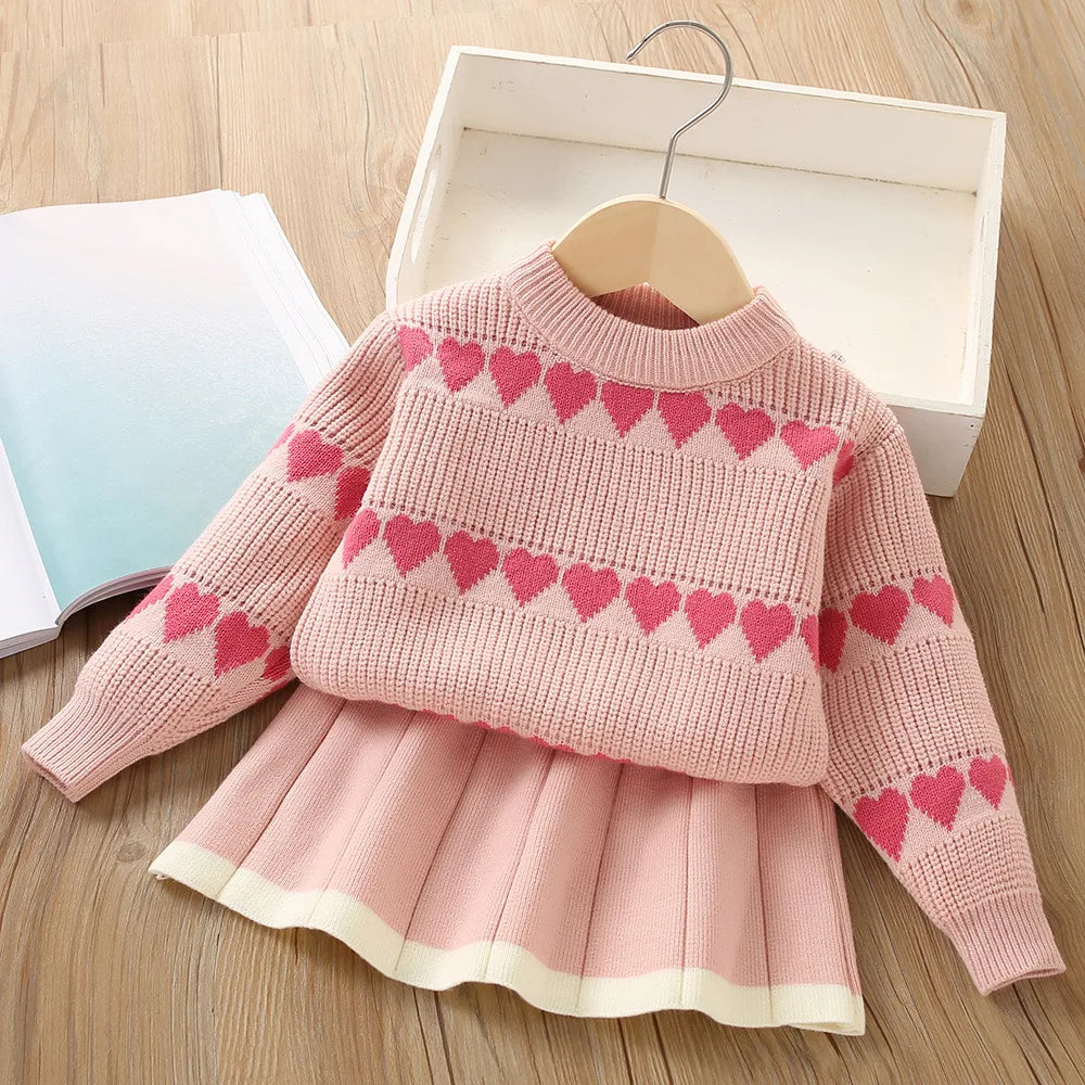 Girls Sweater Set 2024 Autumn/Winter New Korean Edition Western Love Girls Knitted Top+Pleated Skirt Knitted Two Piece Set