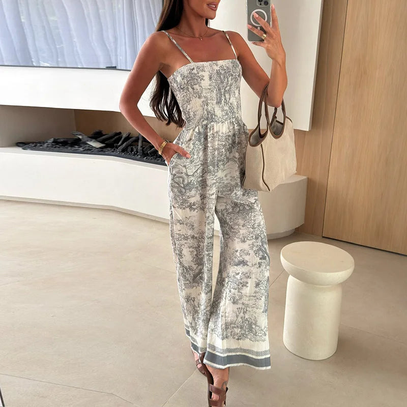 Vintage Pattern Print Straight Jumpsuit Women Sexy Slash Neck Suspender Playsuit Romper 2025 Summer Sleeveless Wide Leg Overalls