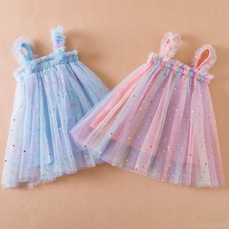 Baby Girls Clothes for Summer 1-5 Years Suspender Sleeveless Toddler Girls Dresses Rainbow Color Tulle Birthday Party Dress