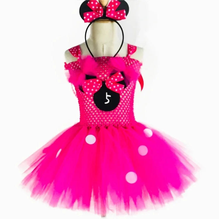 Cute Girls Pink Mickey Tutu Dress Baby Crochet Tulle Dress with White Dots and Hairbow Kids Birthday Party Cartoon Cosplay Dress