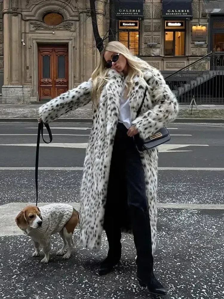 Retro Leopard Faux Fur Long Coats Women Winter Warm Thicken Open Maxi Coat Female Casual Loose Elegant Chic Street Outwear