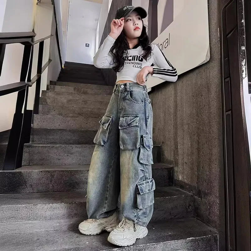 Cargo Jeans Elastic Waist Teenage Children Wide Leg Pants Design Streetwear