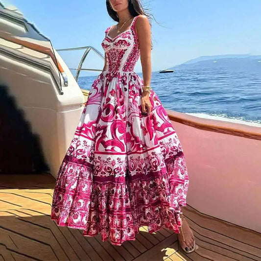 Women's Fashion Bohemian Elegant Light Luxury Mid length Printed Strap Dress