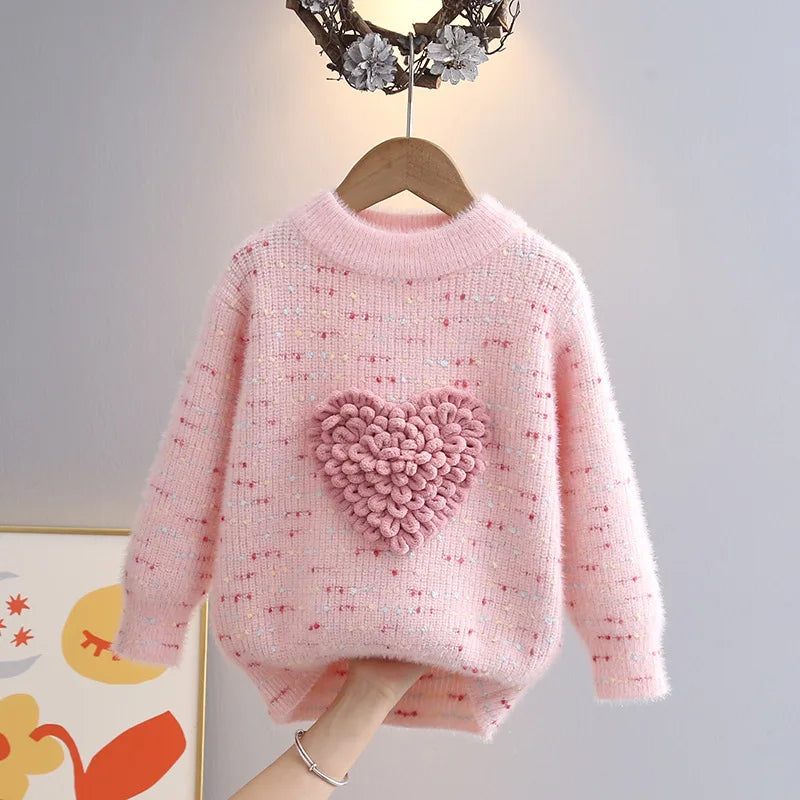 Children Autumn Winter Knitwear Love Heart O-Neck Pullovers Loose Colorful Spot Sweater