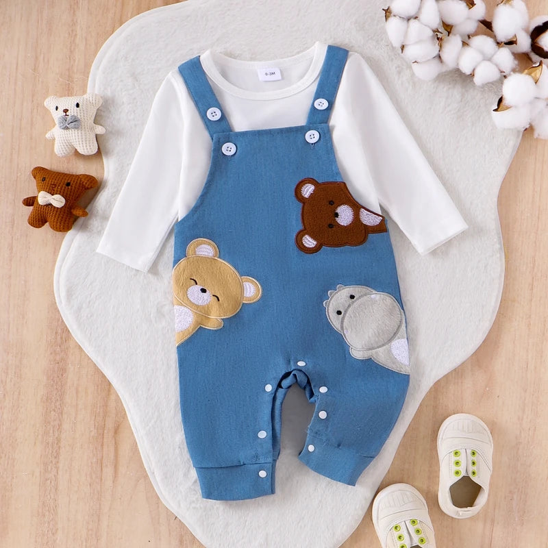 Infant Baby Boys Girls Outfit Long Sleeve T-shirt Embroidery Animals Overall Pants Fall Outfit Clothing Set