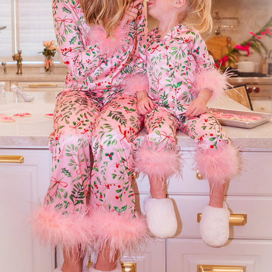 Feather Trim Long Sleeve Button Down Matching Xmas Sleepwear for Mother Daughter