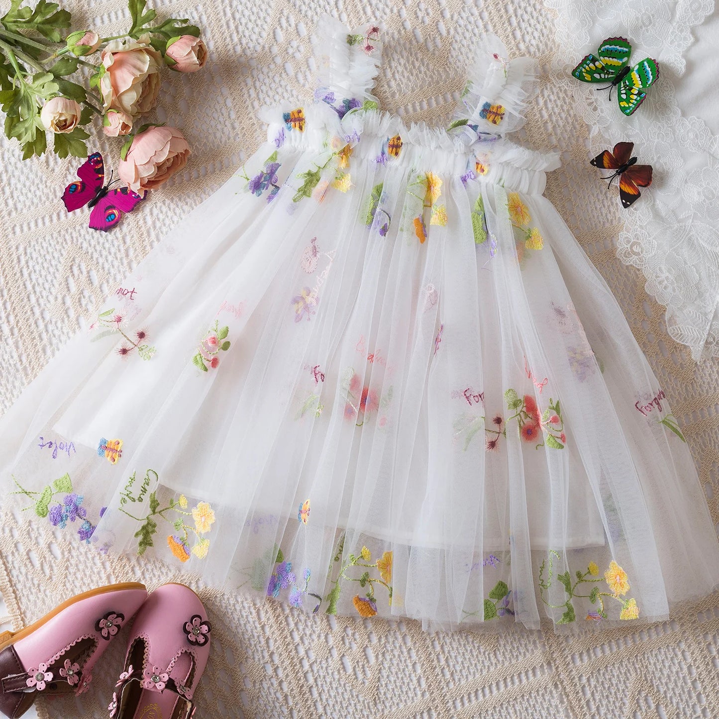 Fashion Dress Holiday Girls Suspender Puffy Mesh Clothes Children Flower Wear Princess Embroidery Tulle Dress