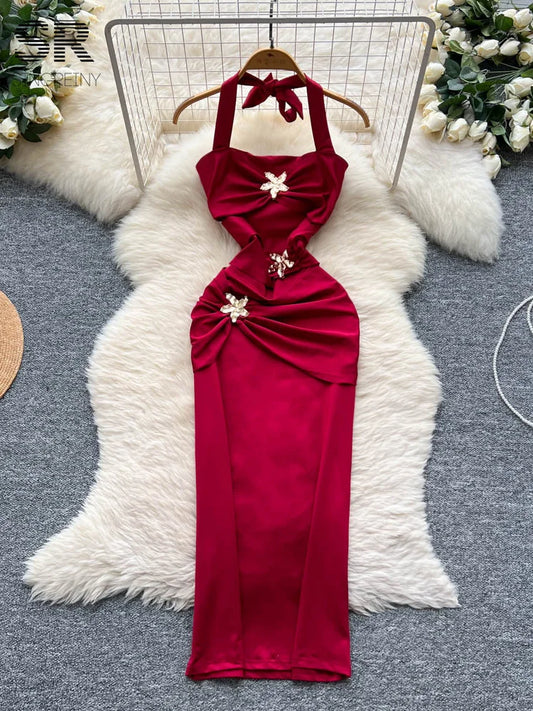 SINGREINY Sexy Halter Party Dress Sleeveless Metal 3D Flower Design Sheath Sundress Summer Women Ruched Luxury Evening Dresses