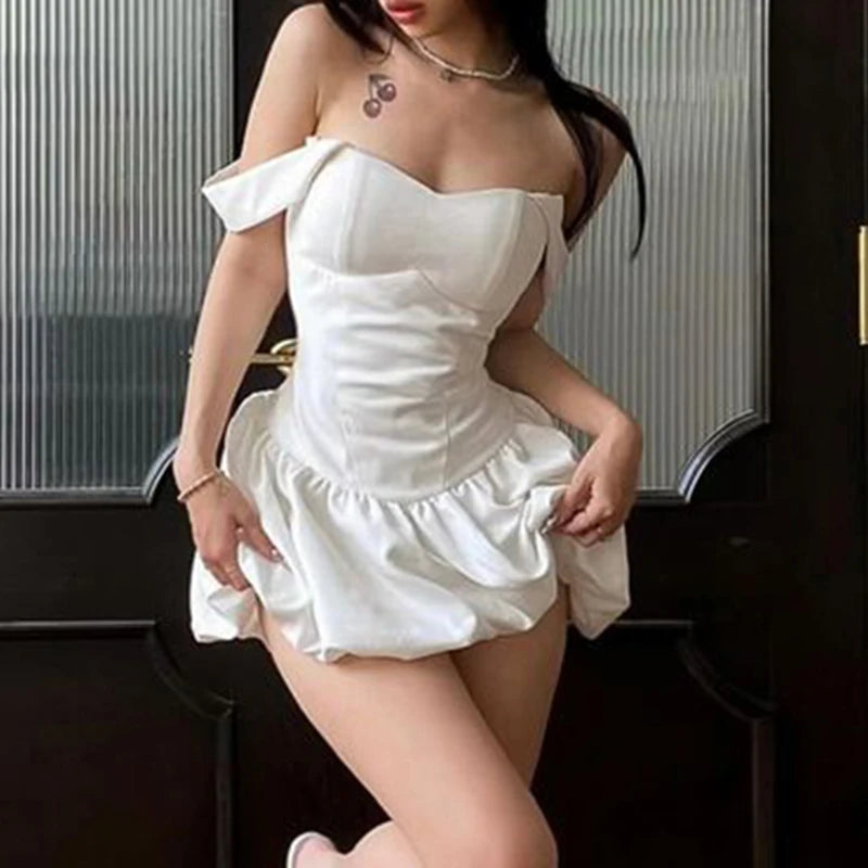 Darlingaga Fashion Chic Satin Party Dress Mini White Bud Spaghetti Strap Corset Sexy Summer Dresses Women Tie-Up Bow Sundress