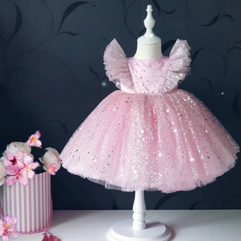 Fly Sleeve Wedding Birthday Dresses For Girls 0-5 Years Party Lace Tutu Christening Gown Kids Children Pageant Clothes