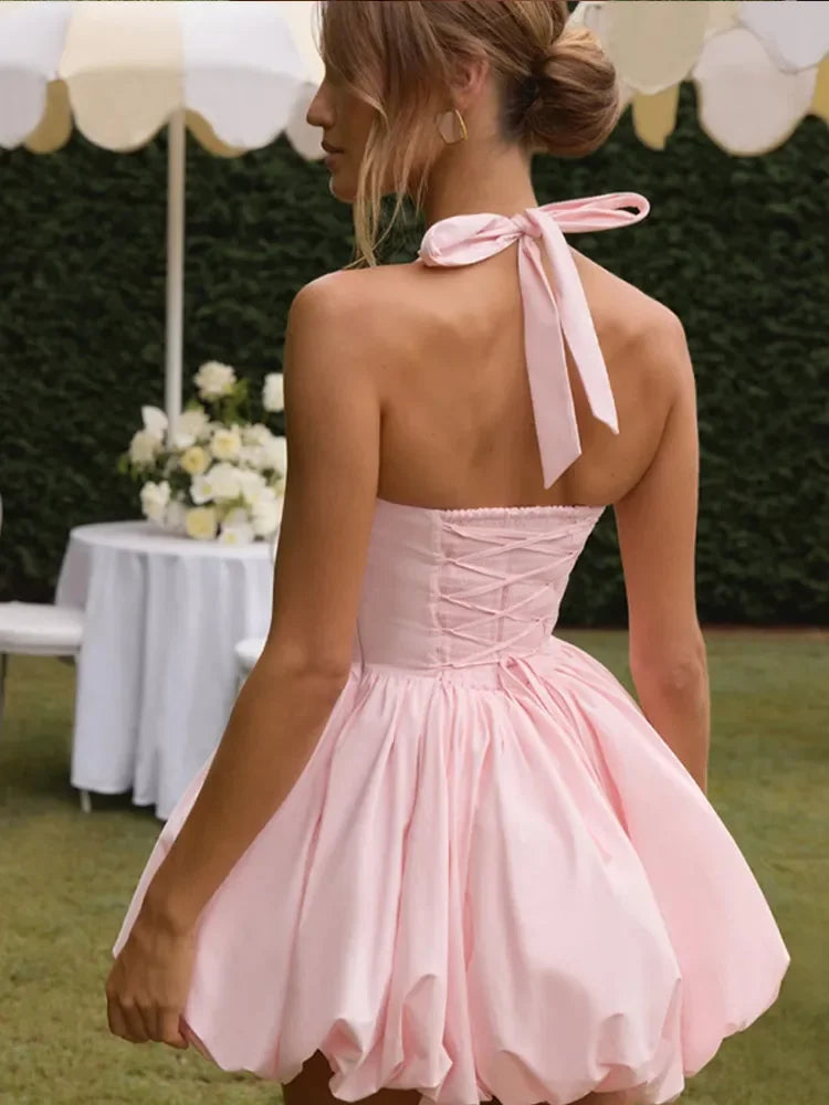 Blush Elegance Lace-Up Puff Hem Mini Dress