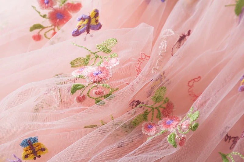 Fashion Dress Holiday Girls Suspender Puffy Mesh Clothes Children Flower Wear Princess Embroidery Tulle Dress