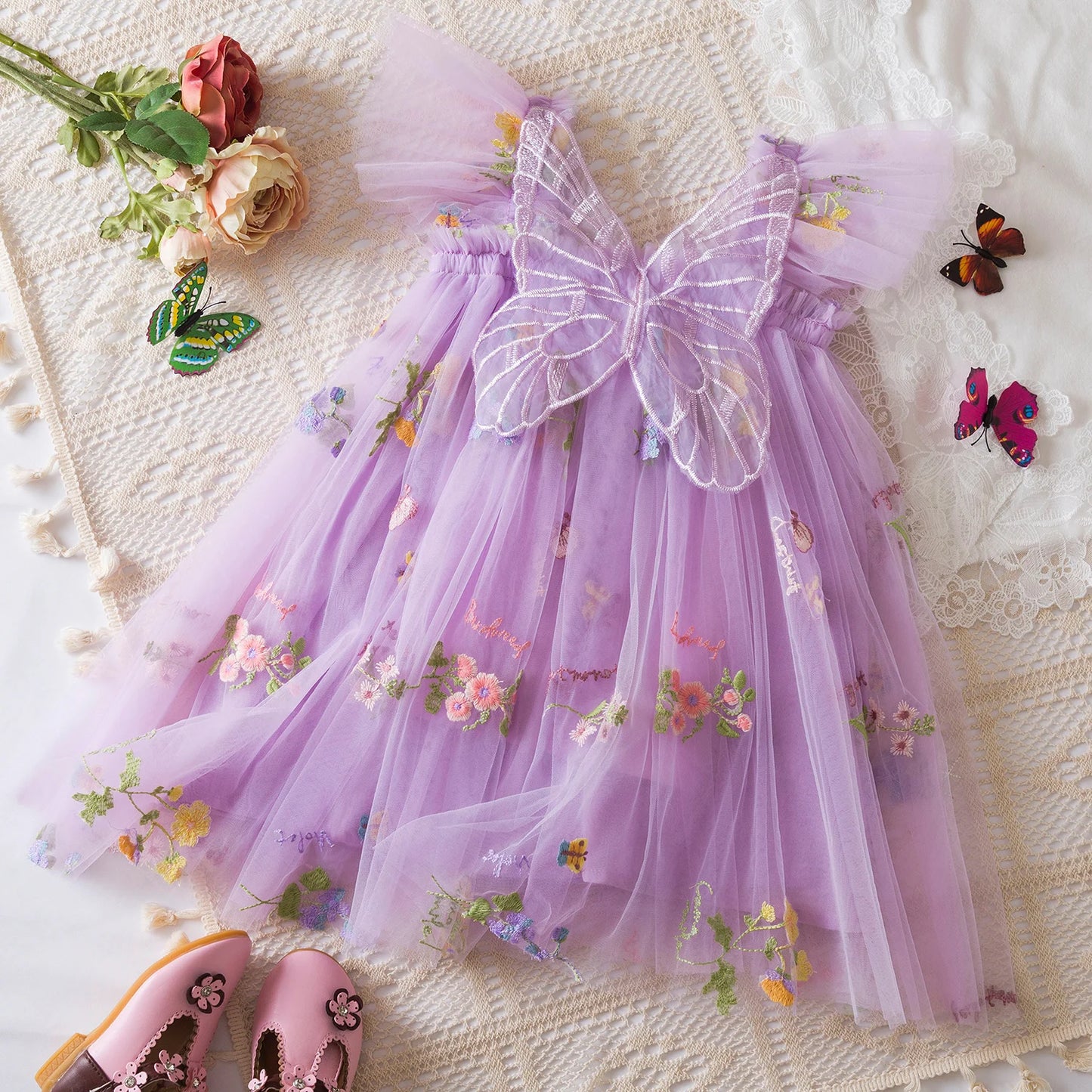 Fashion Dress Holiday Girls Suspender Puffy Mesh Clothes Children Flower Wear Princess Embroidery Tulle Dress