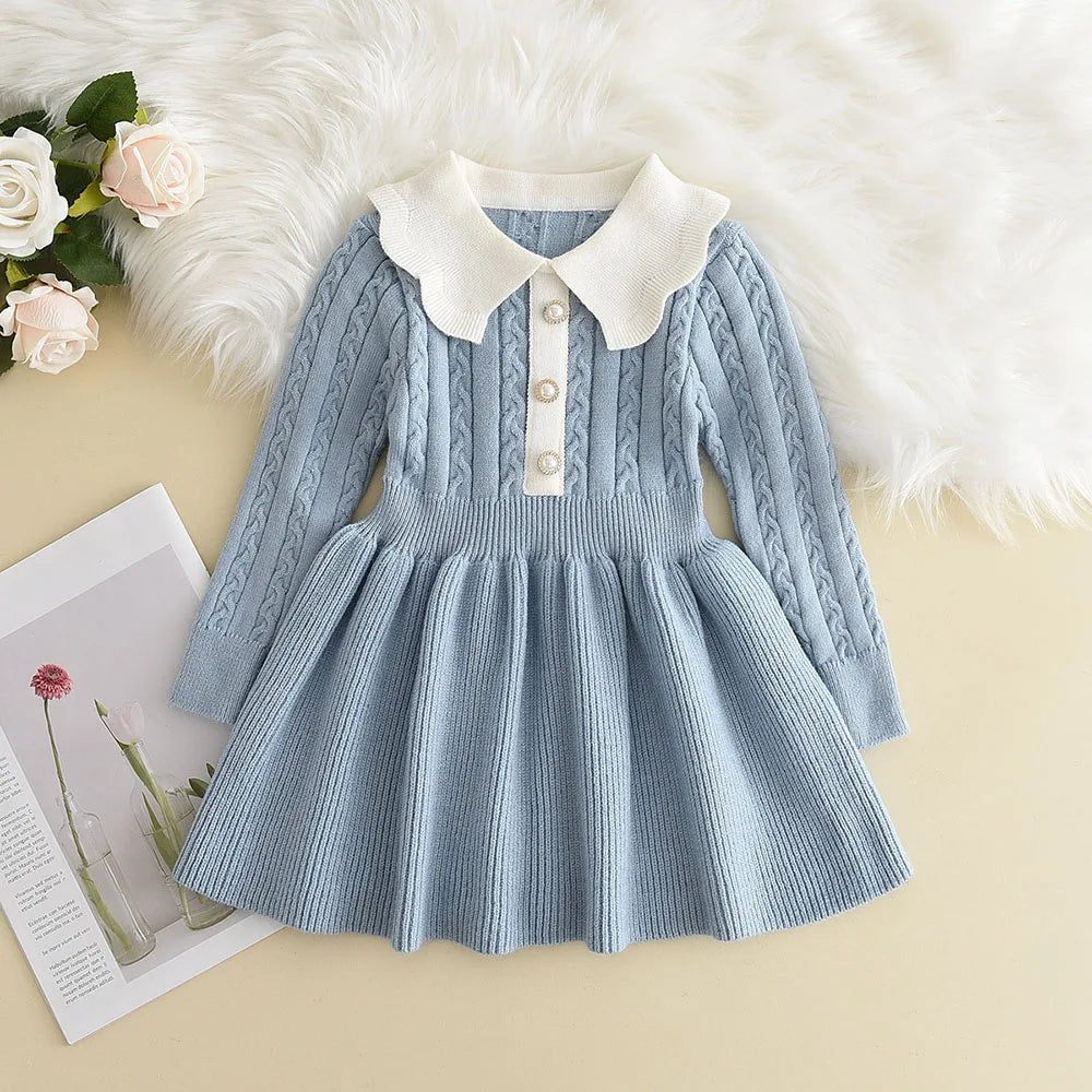 Winter Girls Knitting Wool Long Sleeve Dress Autumn Girls Baby Ruffle Knitted Princess Sweater Dress Casual Clothes