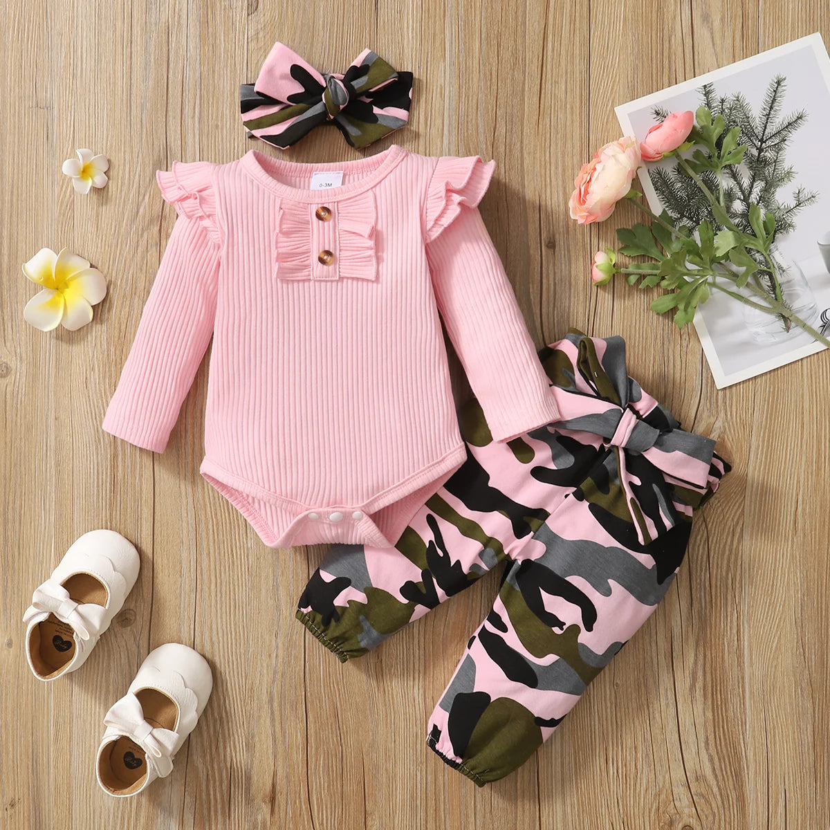 Baby Girl Clothes Set Infant Girl Long Sleeve Bodysuit + Camouflage Pants + Headband Cotton Clothing Suit