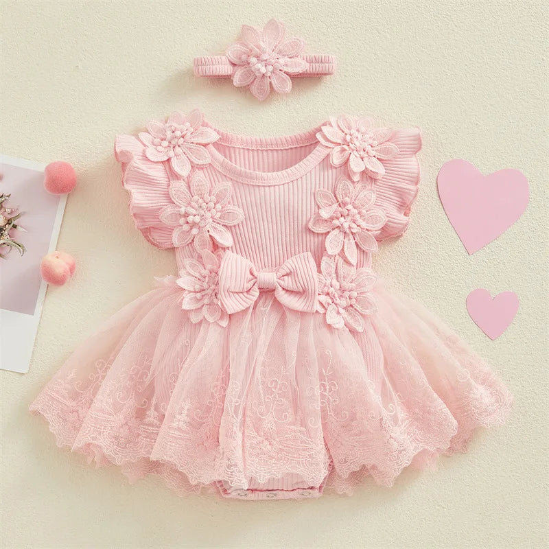 Baby Girls Princess Mesh Lace Patchwork Ruffle Bodysuit Dress Headband