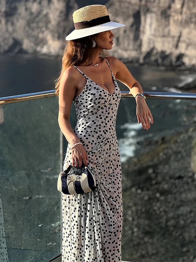 Polka Dot & Black  Sling Dress V Neck Sleeveless Backless Dress