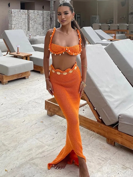 Feminine Chic Twisted Elegance Shell Bra Top & Beach Knit Skirt Co-Ord