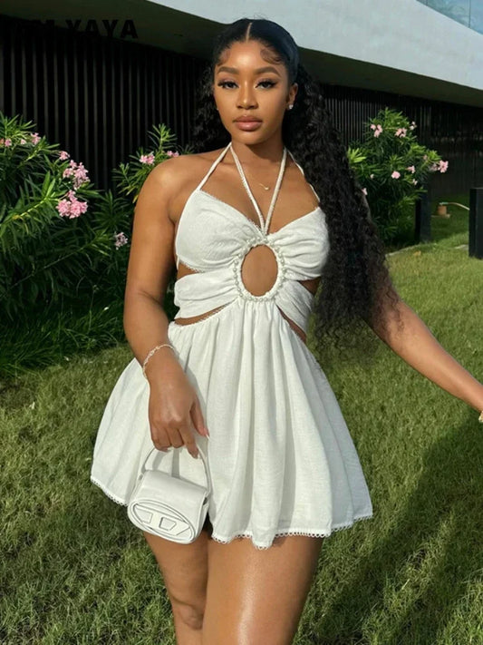 Starlit Glow Beaded Halter Mini Dress