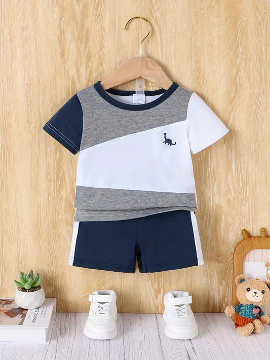 Baby Boy Leisure Sports Outdoor Breathable Comfort Color Patchwork Short Sleeve Shorts Set Small Dinosaur Pattern