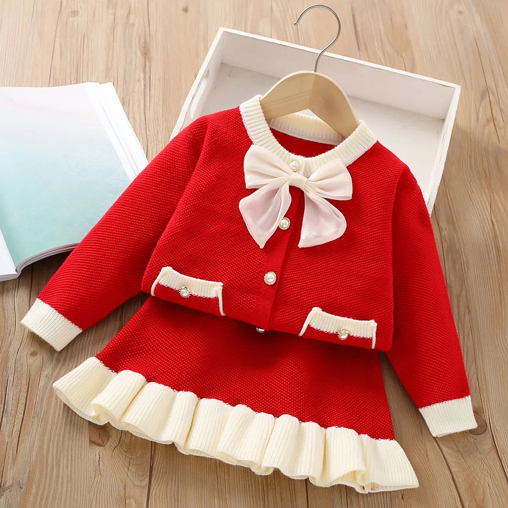 Autumn Dress Bow Korean Edition Children's Set Baby Foreigner Knitted Cardigan Set