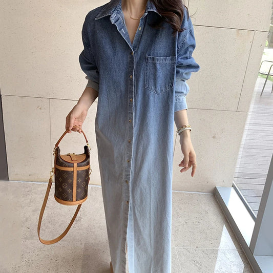 Chic Gradient Ombre Design Loose Long Sleeve Denim Dress