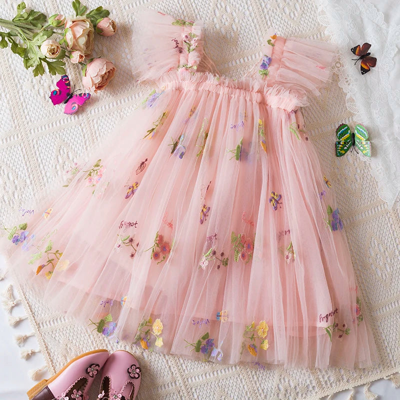 Fashion Dress Holiday Girls Suspender Puffy Mesh Clothes Children Flower Wear Princess Embroidery Tulle Dress