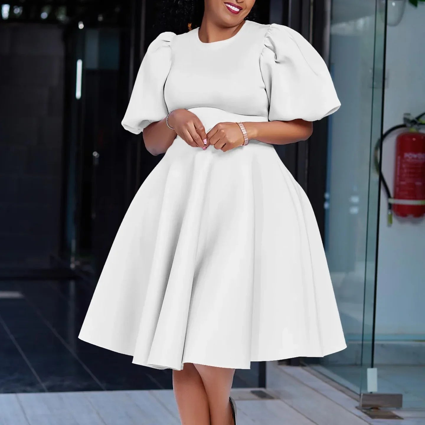 Elegant O Neck Short Sleeve High Waisted Pleated Mid Calf Luxury Dress