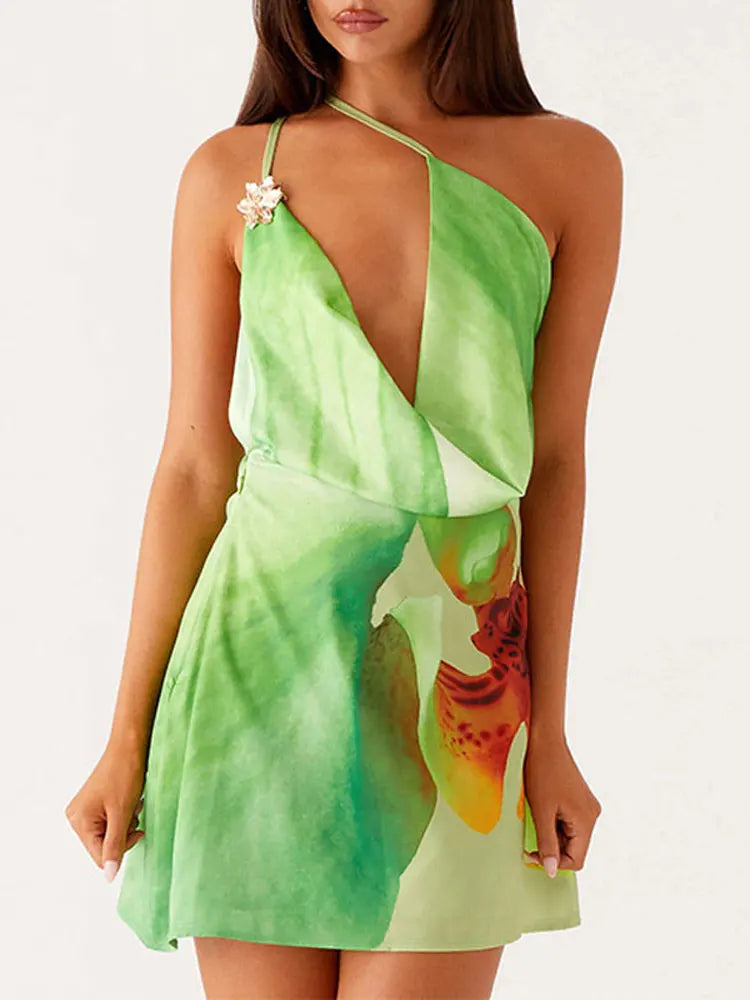 One-Shoulder Spaghetti Straps & Flirty Backless Style Bold Bloom Bodycon Mini Dress