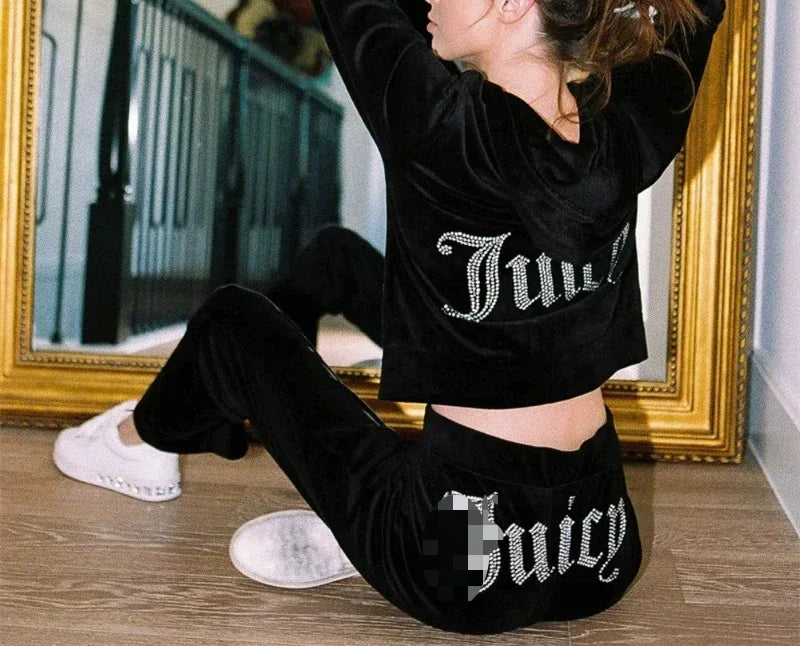 Rhinestone Logo Tracksuit Women Autumn Activewear Juicy Bling Velour Long Sleeve Hoodie Jacket+Track Pants Two Piece