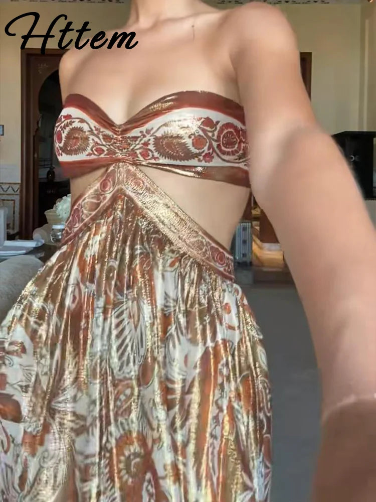 Golden Glow Strapless Hollow-Out Dress