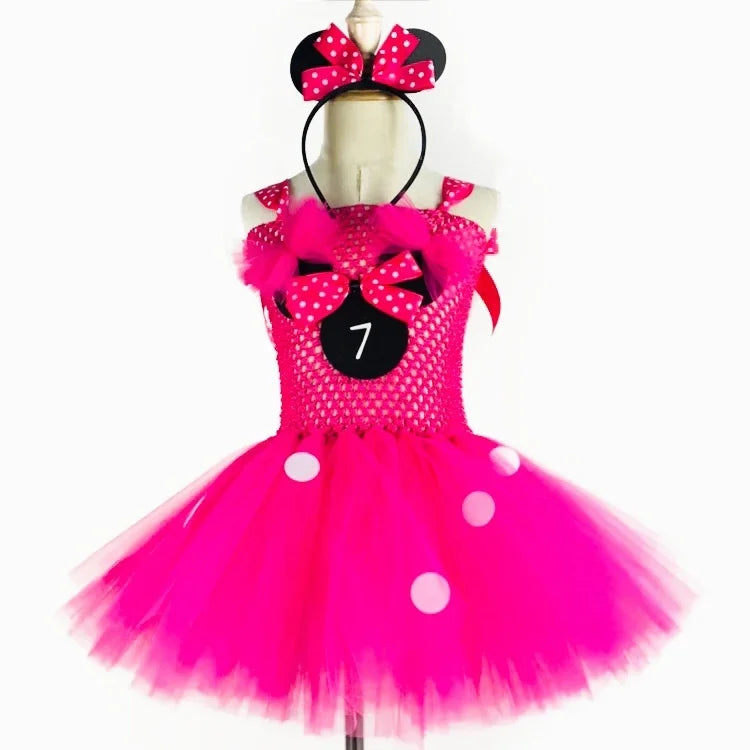 Cute Girls Pink Mickey Tutu Dress Baby Crochet Tulle Dress with White Dots and Hairbow Kids Birthday Party Cartoon Cosplay Dress