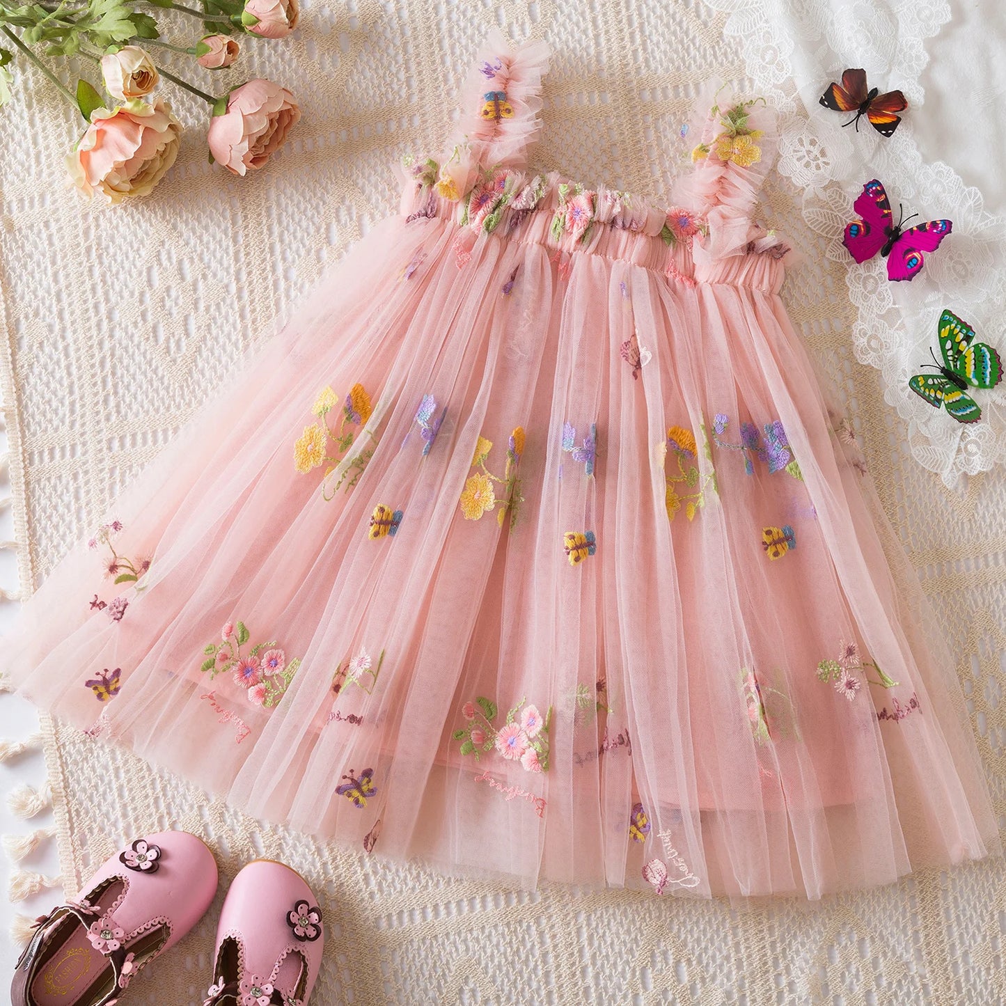 Fashion Dress Holiday Girls Suspender Puffy Mesh Clothes Children Flower Wear Princess Embroidery Tulle Dress