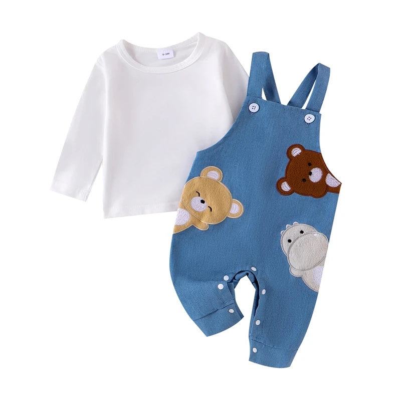 Infant Baby Boys Girls Outfit Long Sleeve T-shirt Embroidery Animals Overall Pants Fall Outfit Clothing Set