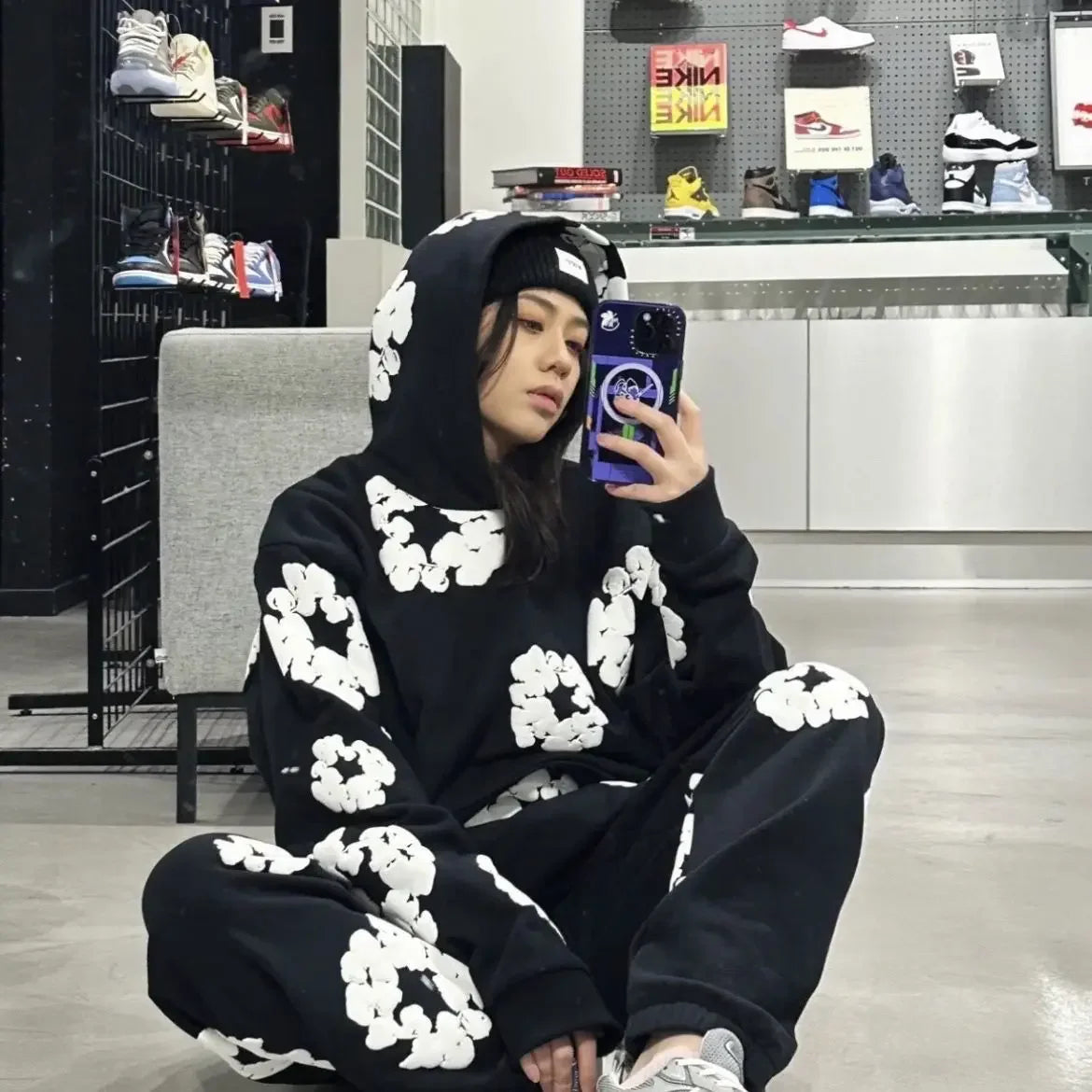 Fashion Flower New Mens Womens Same Foam Kapok Printing Long-sleeved Fleece Hooded Sweater Casual Loose Sweatpants Set