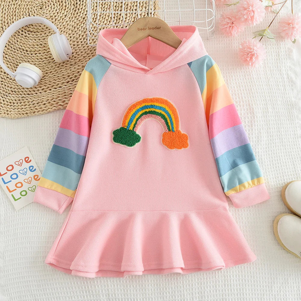 Melario Girls Dress Autumn Long Sleeve Rainbow Striped Princess Dresses for Girl Kids Dress Casual Children Clothing