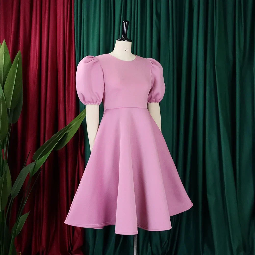 Elegant O Neck Short Sleeve High Waisted Pleated Mid Calf Luxury Dress