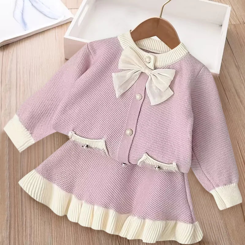 Autumn Dress Bow Korean Edition Children's Set Baby Foreigner Knitted Cardigan Set