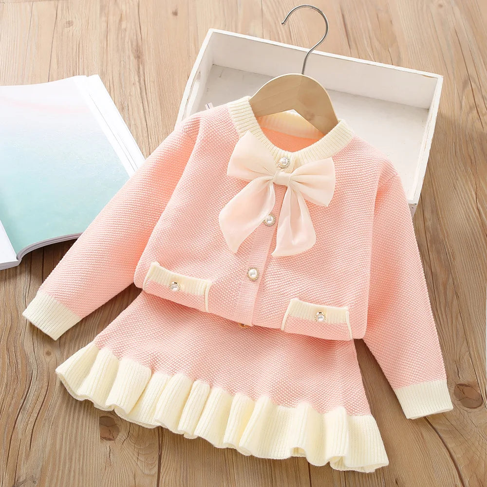 Autumn Dress Bow Korean Edition Children's Set Baby Foreigner Knitted Cardigan Set