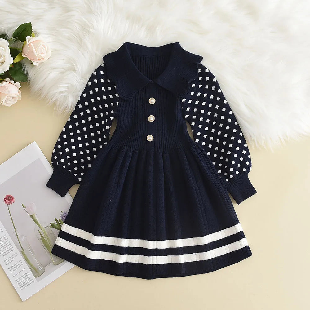 Girl Baby Sweater Knitted Dress Warm Sweater Dress Polka Dots Girls Infant Casual Pleated Princess Dresses Vestidos