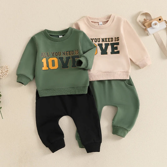 Baby Boys Pants Set, Long Sleeve Crew Neck Letter Print Sweatshirt with Elastic Waist Pants Infant Clothes