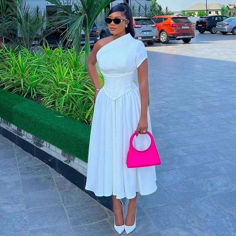 Women One Short Sleeve Tunic High Waist Maxi Chic Evening Dress
