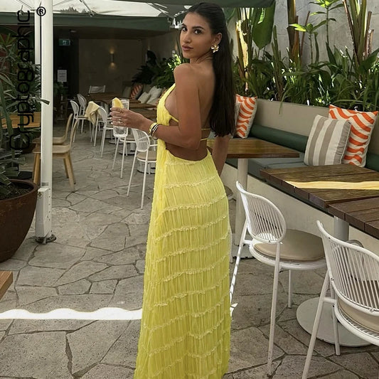 Sun-Kissed Muse Backless Frill Maxi Dress